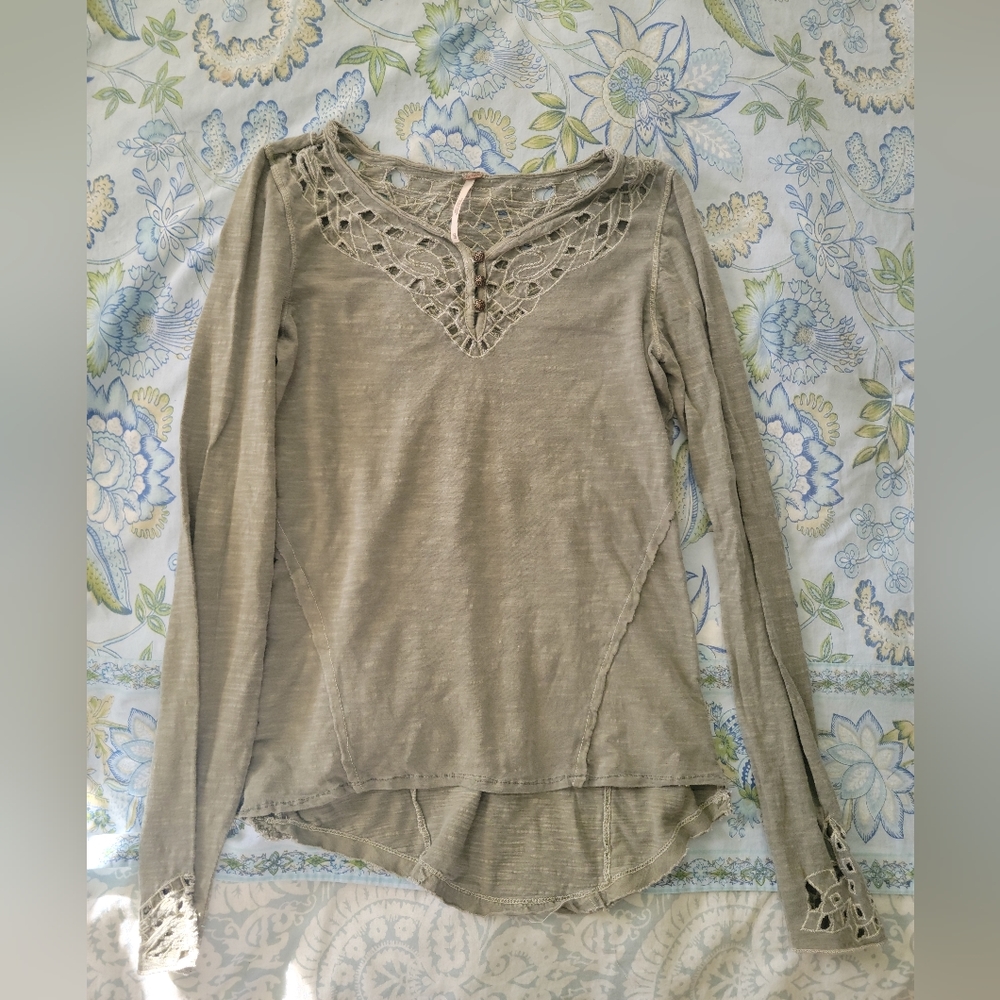 Free People Blue Luna Long Sleeve Cutwork Top (XS)